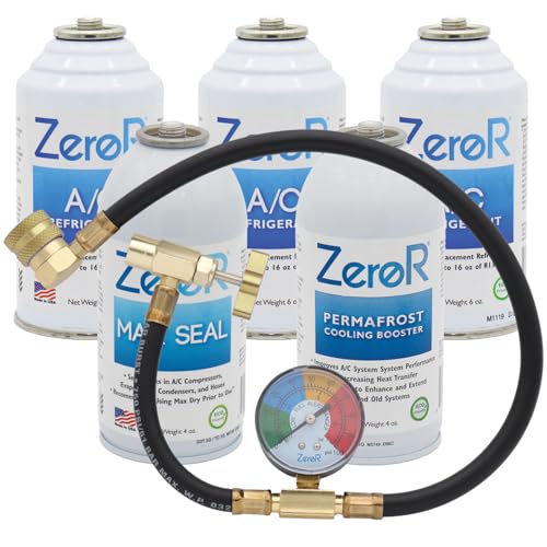 ZeroR® Premium Repair & Recharge Kit for R134a Refrigerant Systems | Max Seal, Permafrost, R134a Replacement | 24" HD Can Tap Gauge