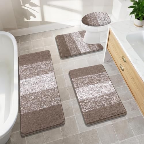 Bsmathom Bathroom Rugs Sets 4 Piece with Toilet Lid Cover, Non-Slip Bathroom Rugs and Mats Sets, Absorbent Bath Rugs Microfiber Shaggy Machine Washable Bath Rug Set, Coffee