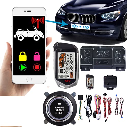 Germany Spy Bluetooth APP Two Way Car Alarm System Engine Start 2 LCD Key 5000M PKE Security Passive Keyless Entry Gasoline Diesel Remote & Phone Startup Automobile Trunk Release 095862