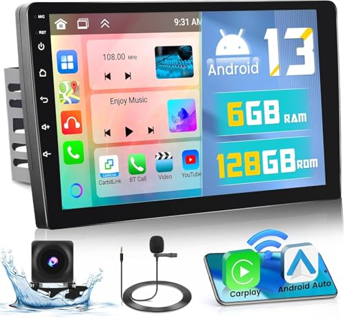 【6+128GB 8 Core】 Hikity Android 13 Car Stereo Double Din Radio with Wireless Carplay Android Auto, 9 Inch IPS Touch Screen Radio Bluetooth 5.0, GPS, WiFi, 32EQ DSP, 59 UI, SWC, Mic, AHD Backup Cam