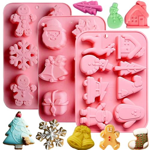 Christmas Silicone Molds For Baking 3 Pack Christmas Tree Holiday Silicone Molds Soap Candy Molds For Chocolate Snowman Gingerbread Jello Mold Snowflakes Socks,Bells, Santa Claus Ice Baking Molds