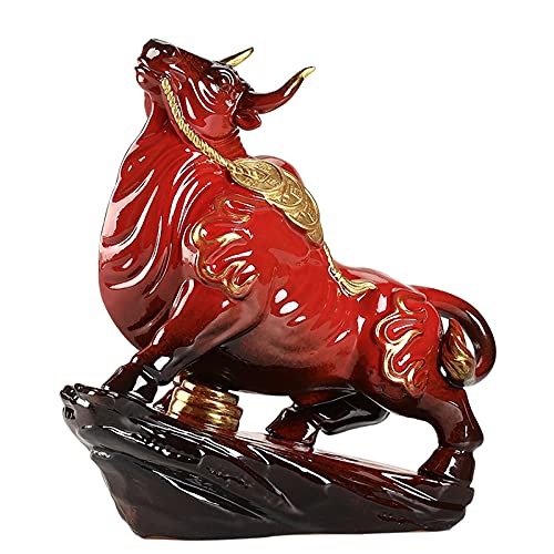 LONG-L Lucky Wall Street Bull Art Statues, Ceramic Bull Figurine Art Decor, Wealth Bulls Statues, Sculptures Home and Office Ornament, Attract Good Luck and Career Money Prosperity Sculpture,Red