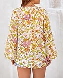 BTFBM Women Casual Boho Blouse Fashion Fall Shirts V Neck Long Puff Sleeve Lightweight Chiffon Spring Summer Tops 2024(Floral Yellow, X-Large)