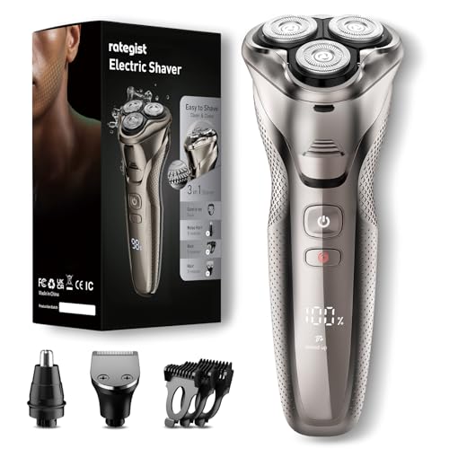 rategist Rechargeable Electric Razor for Men: 3-in-1 Shaver for Beard/Nose/Sideburns - IPX7 Waterproof Travel Kit - Turbo Speed & Precision Blades, Glossy Silver