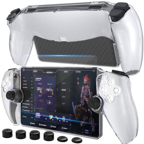 HEYSTOP Case for PlayStation 5 with Screen Protector Tempered Glass, PS5 Protective Case with Comfortable Ergonomic Grip, 6 Thumb Stick Caps (Clear)