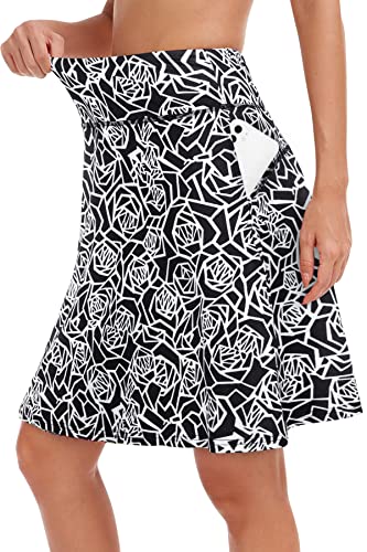 KORALHY 20" Knee Length Skorts Skirts Plus Size, Golf Skirts for Women Tennis Skirt with Inner Shorts for Volleyball, Badminton, Beach White Rose 3XL