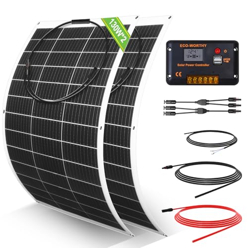 ECO-WORTHY 260Watt 12Volt Flexible Solar Panel Kit for Off Grid Home RV, Boat and Uneven Surfaces:2pcs 130W Mono Solar Panel + 30A 12V Charger Controller + Solar Cable + Tray Cable + Y Branch