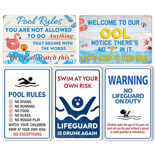 5-Pack Pool Signs Metal Tin Signs, Funny Pool Rules Wall Decor, Outdoor Swimming Pool Decorations for Backyard, Deck, Patio 12x8 Inch