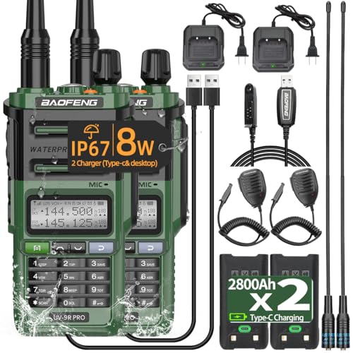 UV-9R Pro 8W Baofeng Ham Radio Long Range Handheld Dual Band Two-Way Radio Waterproof Transceiver Rechargeable Walkie Talkies with Speaker Mic and Programming Cable Full Kit,2Pack