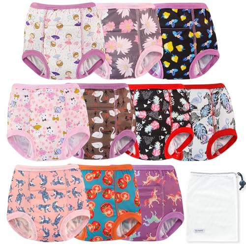 EZ Moms 10 Packs Reusable Potty Training Underwear for Girls Double Absorption Training Panties for Toddler Girls 2T-3T High Waist Toddler Girl Underwear 2T Kid Confident Pee Pants with a Laundry Bag