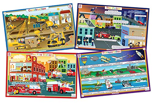 Tot Talk Vehicles & Community Helpers Educational Placemat 4-Pack for Kids – Made in USA – Transportation, Construction, Fire Station, & Police – Durable, Double-Sided, Waterproof, Wipeable Mats