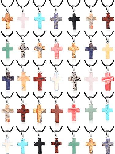 Hicarer 50 Pieces Stone Cross Gemstone Pendant Charms Cross Quartz Crystal Charms for Necklace Earring Bracelet Jewelry Making