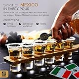 Don Paragone Calavera Tequila Shot Board Set - Fine Oak Wood Shot Glass Holder Tray with 6 Tequila Shot Glasses, Cutting Board, Lime Knife, Salt Tin, Bottle Pourer - Tequila Gifts for Tequila Lovers