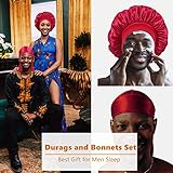 Bonnet for Men for Curly Hair,Men Bonnet for Sleeping,Matching Durag and Bonnets Set for Couples,Bonette for Men Pack B-Wine Red