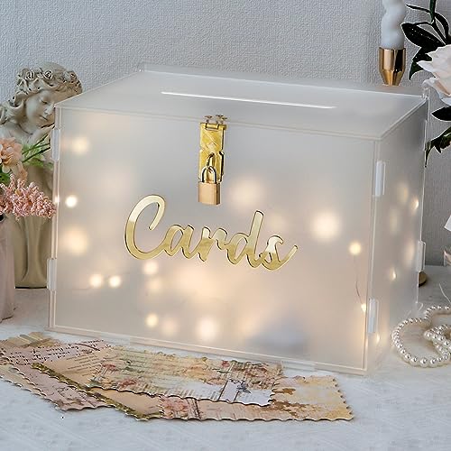 OurWarm Frosted Acrylic Wedding Card Box with Lock, DIY Gift Card Box for Wedding Reception with String Light and Pen, Envelope Money Card Box for Party Birthday Graduation Baby Shower Decor