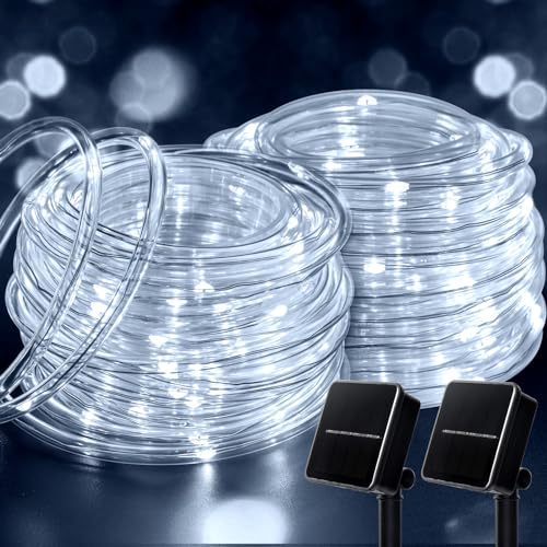 Brightown Solar String Lights Outdoor 2 Pack 72 Feet 200 LED Waterproof Solar Powered String Lights with 8 Lighting Modes, Waterproof Solar Rope Lights for Outside Christmas Party, Pure White