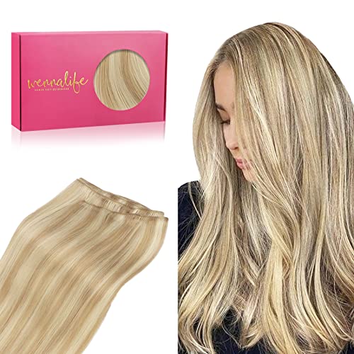 WENNALIFE Sew in Hair Extensions Real Human Hair, 20 Inch 100g Light Blonde Highlighted Golden Blonde Machine Weft Remy Hair Hand Tied Weft Straight Extensiones De Cabello Hmano