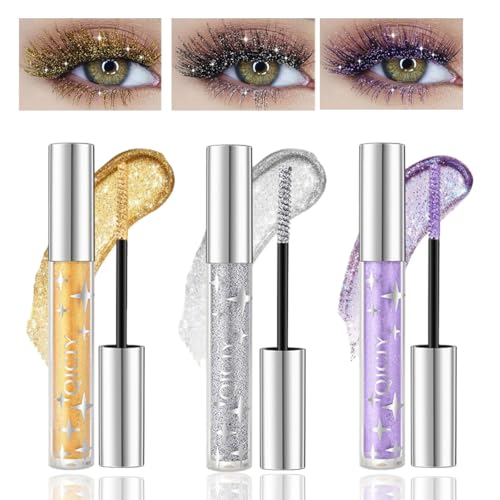 Baorder 3PCS Glitter Mascara for Eyelashes,Waterproof Long Lasting Silver Gold Purple Color Diamond Sparkly Mascara, Lengthening Volumizing Colorful Mascara,Party Wedding Stage Use Makeup