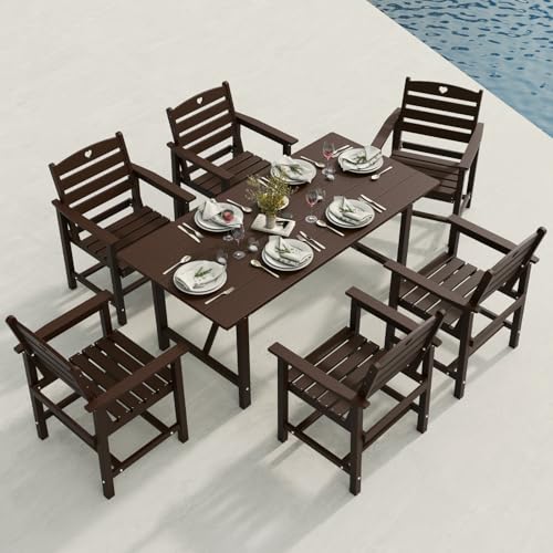 Orbcove Patio Table and Chairs Set with Umbrella Hole, HDPE Patio Dining Set for 6, Outdoor Dining Set for Lawn, Patio, Porch, Deck, Poolside, Yard (Mahogany, 7-Piece)