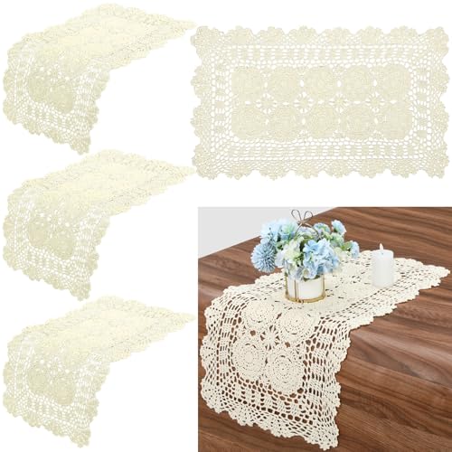 Windkream 4 Pack Cotton Crochet Lace Table Runner 16 x 27 Inch Handmade Beige Doily Table Runner Rustic Lace Doilies Coffee Tabletop Dresser Scarf Decor