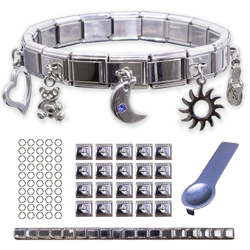 Fablinks Italian Charm Bracelet Starter Kit, 9mm 304 Stainless Steel Nomination Charms Link Bracelets for Women, Silver Modular Jewelry Pack for Men with Tool (Starter Kit - Horizontal Loop)