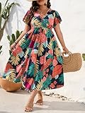 Floerns Women's Plus Size Boho Floral V Neck Short Sleeve A Line Long Dress Black Orange Tropical 2XL