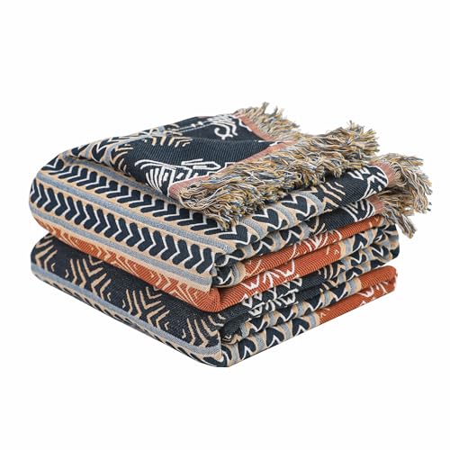 NIFTYLOOM Boho Lightweight Cotton Throw Blanket 60''x80'' - Cozy All-Season Blanket with Blue and Orange Stripes, Rustic Floral Design for Couch, Bed, Living Room, and Farmhouse Decor