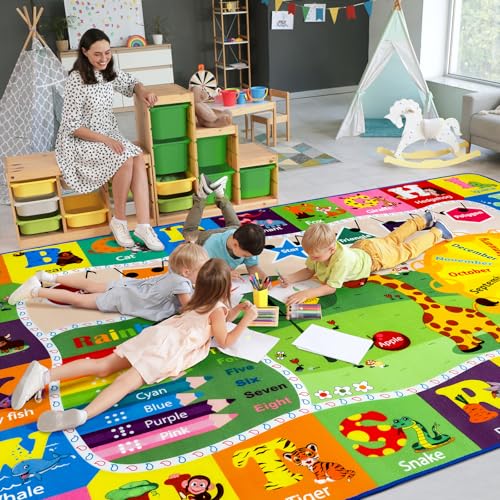 7x10 Kids Rug Play Mat Carpet Educational and Fun Playmat with ABC Alphabet Animals Shapes Colors Large Area Rug Learning Rugs for Bedroom Playroom Baby Toddler Children Play Game Activity