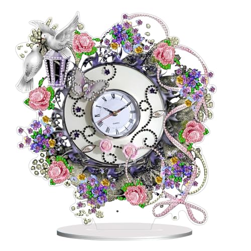 ARTopet DIY Diamond Desktop Ornaments Diamond Art Painting Tabletop Ornaments Single Sided Diamond by Numbers Mosaic Kits Home Decor-Floral Clock
