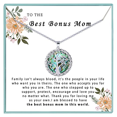 SmileBelle Bonus Mom Necklace Silver Tree of Life Necklace as Step Mom Gifts, Birthday Gifts for Stepmom as Bonus Mom Gifts From Daughter, Step Mom Necklace as Stepmother Gifts