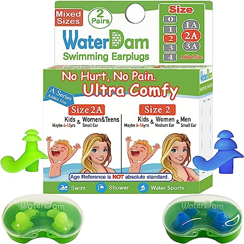 WaterDam A-Series Swimming Ear Plugs Ultra Comfy Great Waterproof Earplugs (Mixed Sizes, Size 2A+2: Kids Teens Medium Ear Women Small Ear Men (Green Blue))