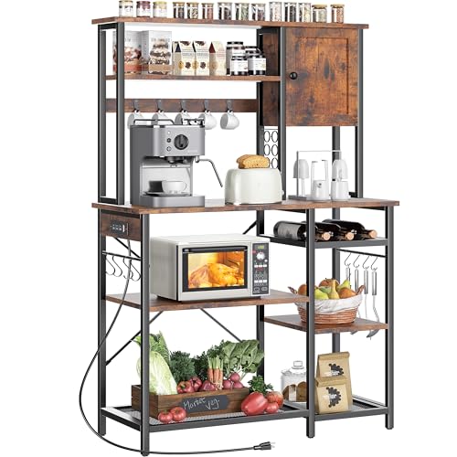 Decofy Baker Rack with Power Outlet, 5 Tiers Microwave Stand with Storage, Coffee Bar with K Cups Holder, Metal Kitchen Shelf Rack for Spices, Pots, Rustic Brown