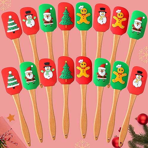 Patelai 16 Pieces Christmas Silicone Spatula Set Kitchen Christmas Spatula Set Santa Claus Snowman Gingerbread Spatula Christmas Cake Decorating Spatula with Handle for Baking Cooking (Wooden)