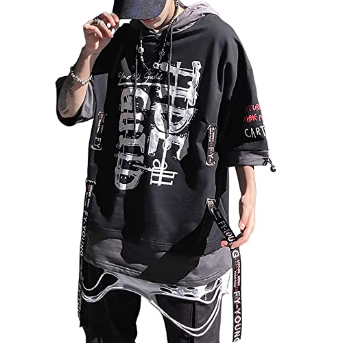 XYXIONGMAO Techwear Shirt Japanese Streetwear Hip Hop Shirts for Men Graphic T Alphabet Design Workwear Casual Short-Sleeved Men's Loose Couple T-Shirt Gothic Hoodie（Black-L）