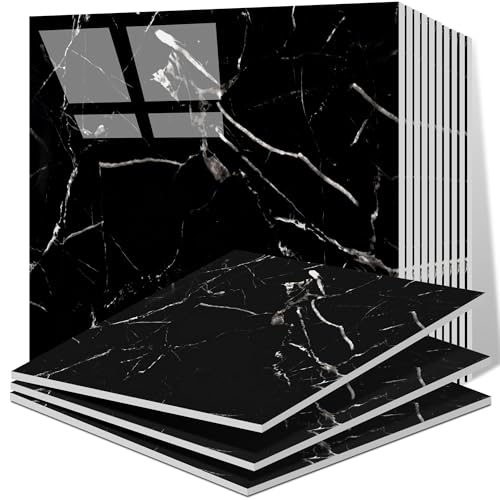 Vieshful 20pcs Peel and Stick Backsplash Tile，12"x12" Self Adhesive Marble Tile for Wall, PVC Waterproof Shower Wall Panels, Back Splash Stick on Tiles for Kitchen Bathroom Living Room Black