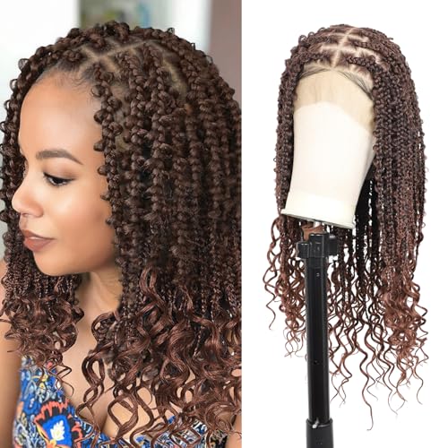 Olymei 24" 360° HD Full Lace Braided Wigs for Women Knotless Butterfly Box Braided Wigs with Boho Curly Ends Braided Lace Front Wigs with Baby Hair Human Hair Blended Short Braided Wig Brown