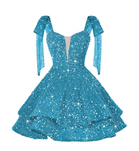 Dessiny Spaghetti Straps Sequin Homecoming Dress with Bow 2025 Sparkly Short Layered Prom Dresses for Women Plus Size Tiered A Line Cocktail Evening Party Dresses 2025 US26W Ocean Blue