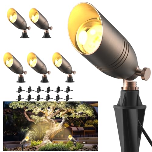 ZONEGRACE Solid Brass 12V Low Voltage Landscape Lighting,Heavy-Duty Waterproof Outdoor LED Spotlights Fixtures with Connectors, Bronze Uplights & Accent Lights,MR16 Bulb Not Included (Classic,6 Pack)