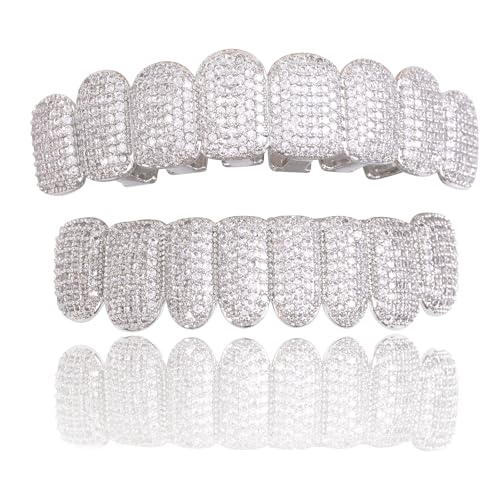 AINTTBY Gold Teeth Grillz Hip Hop Punk Style Copper Plated 18K Gold Inlaid Gorgeous shine Zircon Teeth Grilz Grills Orthodontics Halloween Night Party Shining Choice Numerous zircons (8004Silvery)