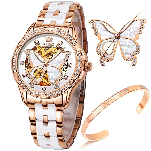 OLEVS Women Watches Automatic Rose Gold Diamond Skeleton Luminous Elegant Colorful Butterfly Stainless Steel Ceramic Strap Butterfly Gift Set for Ladies