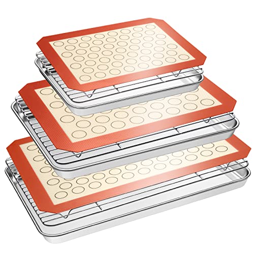EWFEN Baking Set: Stainless Steel Sheet Pan with Cooling Rack & Silicone Mat Set, Multi-Size (3 Sheets + 3 Racks + 3 Mats), Warp Resistant & Heavy Duty, Easy Clean