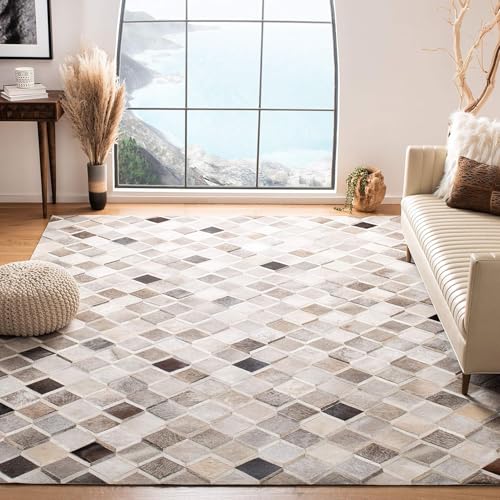PROXIMA RUGS Leather Area Rug, Modern Chevron Pattern, Light Beige, Cowhide Patchwork Rugs for Living Room, Hallway and Office (9.9X14 ft)
