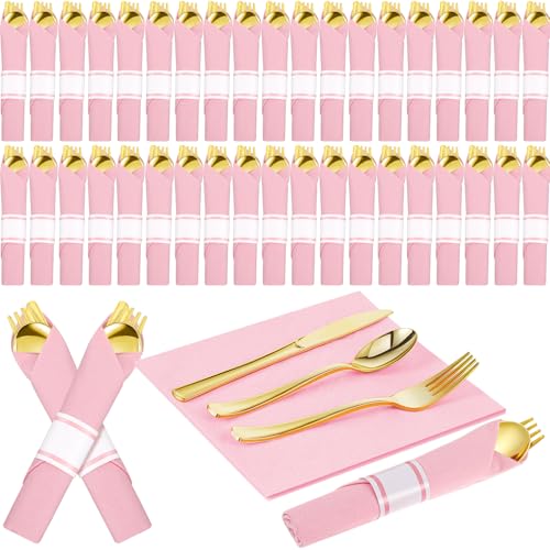 Lasnten 200 Pcs Pre-rolled Pink Gold Plastic Silverware Set for 50 Guest Disposable Plastic Cutlery Set Include Napkins Knives Spoons and Forks for Wedding Birthday Parties(Pink)