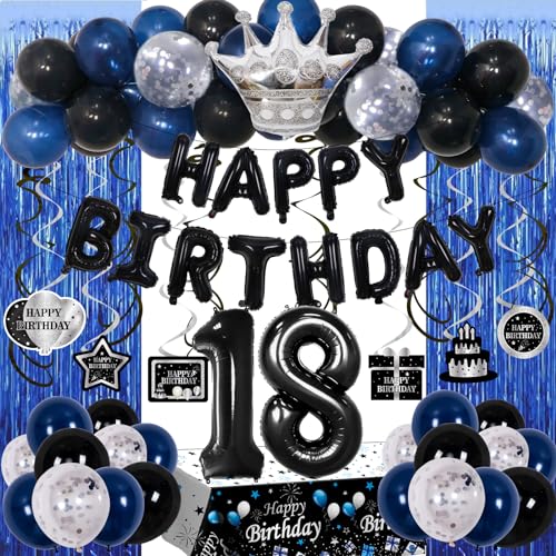 18th Birthday Decorations for Boys, 73PCS Blue Black Happy 18th Birthday Decorations for Girls, 18 Years Old Birthday Balloons Banner,Tablecloth, Fringe Curtains Hanging Swirls 18 Bday Decor for Men