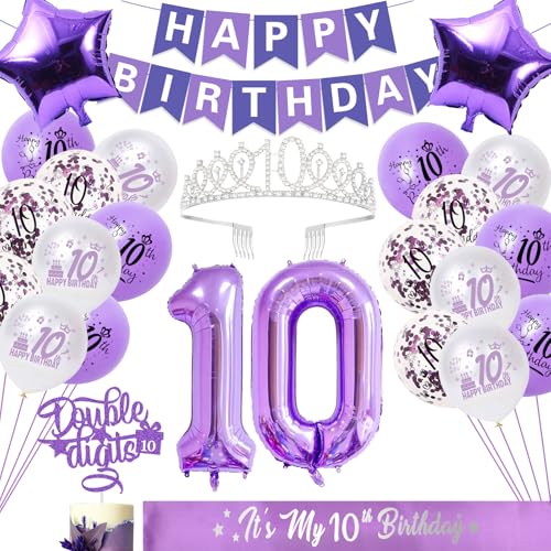 Purple 10th Birthday Decorations for Girls, Includes Happy Birthday Banner, Balloons, Silver Crown, Lavender Glitter Double Digits 10 Cake Topper and It’s my 10th Birthday Sash, 10th Birthday Gifts