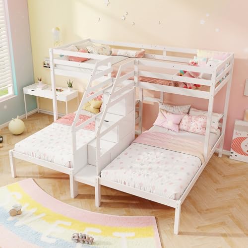 Giantex Twin Over Twin & Twin Bunk Bed, Triple Bunk Beds with 4-Step Storage Stair, Guardrail & Solid Wood Structure, Wooden 3 Bunk Beds for Kids Teens, No Box Spring Needed, White