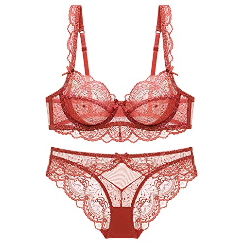Guoeappa Women's Lace Bra and Panty Sets Underwired Sexy Lingerie Set Push Up Sheer Bras(Light Red,38B)