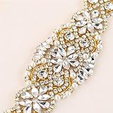 Gold Rhinestone Belts Crystal Wedding Dress Sash Applique with Beaded Jeweled Sequin Diamond Embellishments Hot Fix Iron on for Bridal Bridesmaid Gown Womens Prom Formal Belt Bride Keepsake Gifts