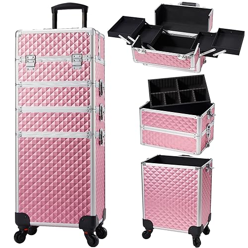 Stagiant Rolling Makeup Train Case Large Storage Cosmetic Trolley 4 in 1 Large Capacity Trolley Makeup Travel Case with Key Swivel Wheels Salon Barber Case Traveling Cart Trunk - Pink