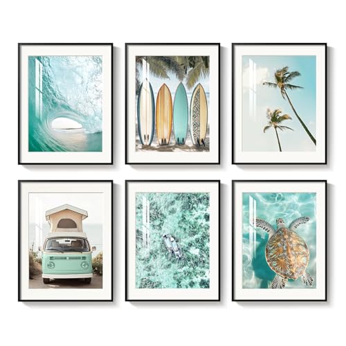 Framed Coastal Beach Wall Art for Living Room, 6 Pcs Ocean Wave Surfboard Palm Tree Sea Turtle Canvas Artwork, Teal Green Summer Seascape Picture Print for Dining Room Bedroom Wall Decor, 11x14 Inch